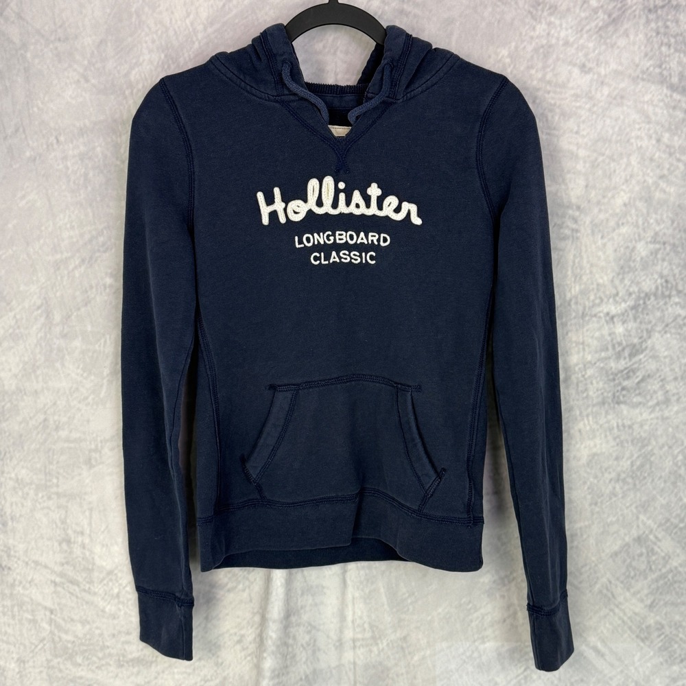 Vtg Y2k‎ Hollister Navy Blue Hoodie Sweatshirt varsity Spell out Womens M Preppy